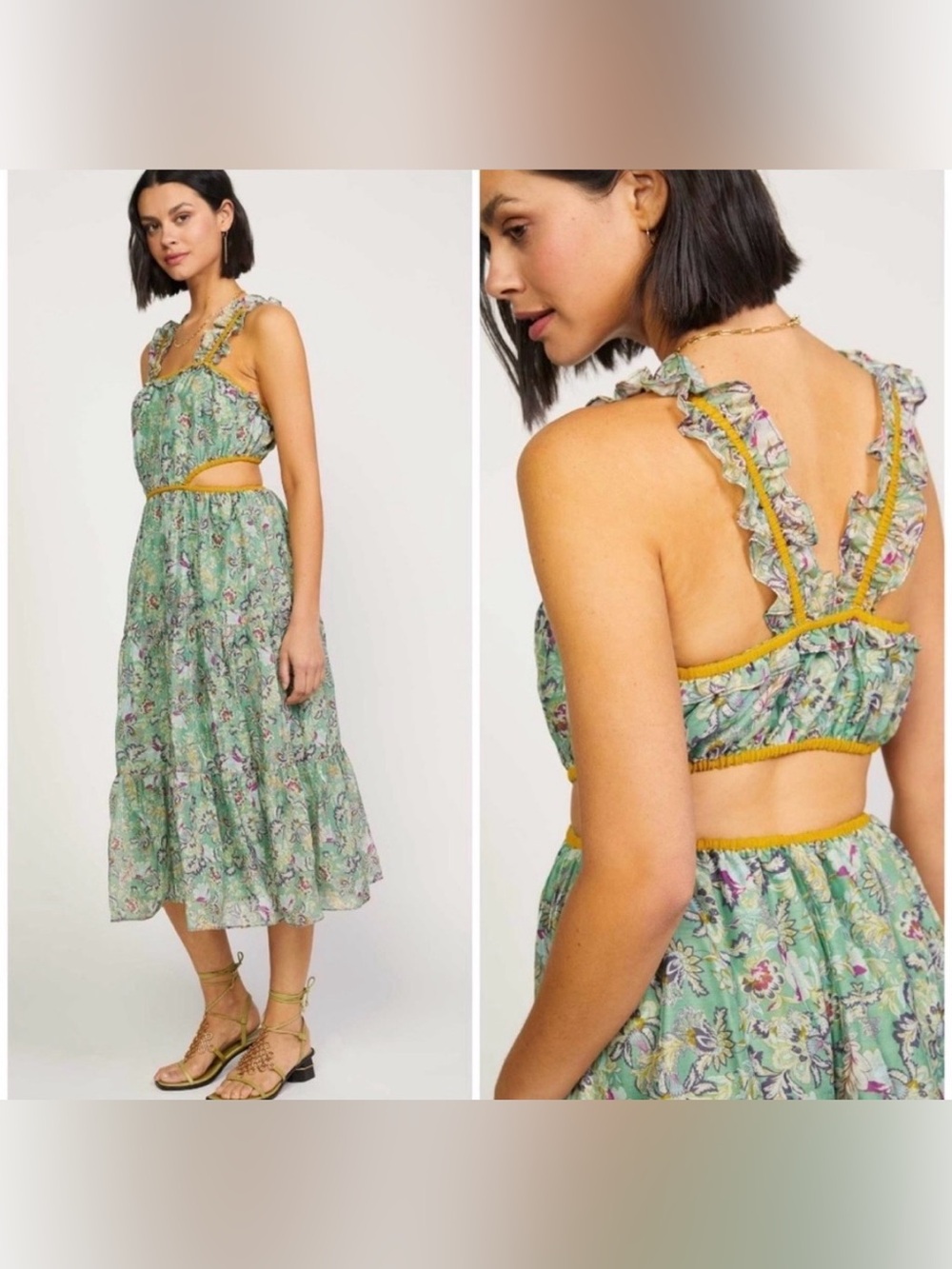 Current Air Green Floral Backless Maxi Dress with Mustard Trim